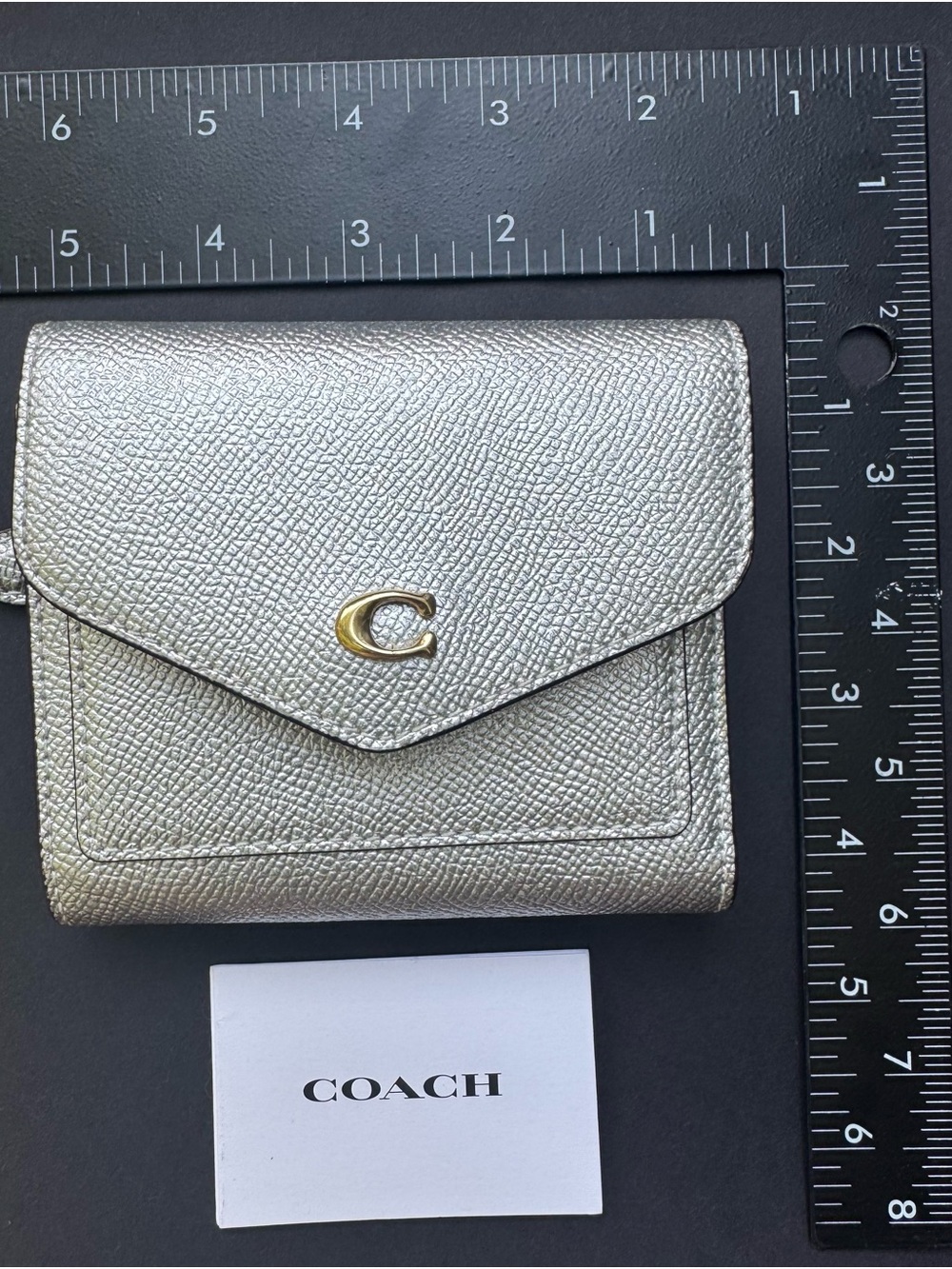COACH Wyn Small Wallet Metallic Silver Pebbled Leather Trifold Wallet